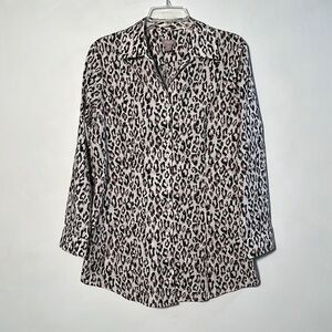 CHICO'S Leopard Print Long SLV Fit & Flare 100% Cotton Tunic Career Blouse SZ L